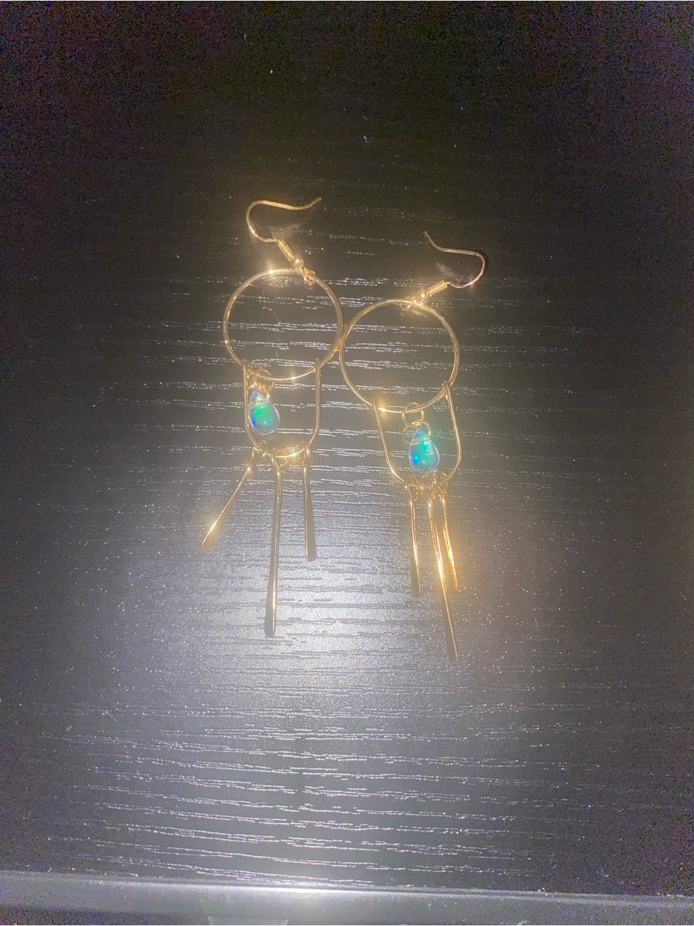 Gold Hoop Fringe Earrings with Teal Opal Accent